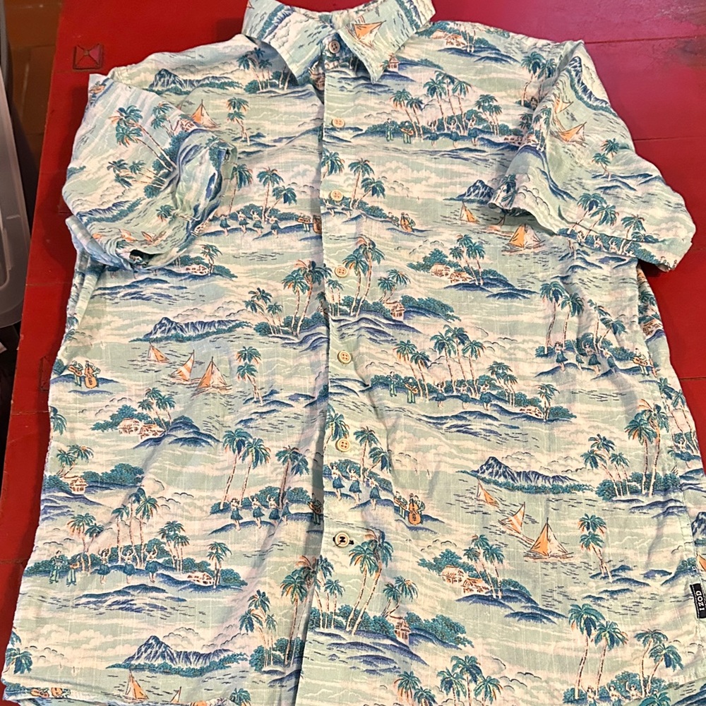 Izod Men's Blue Tropical Print Shirt large